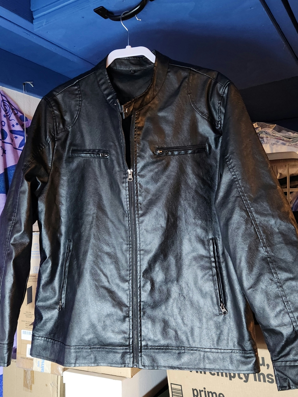 Men's Black Faux Leather Bomber Jacket - Classic Zip Front